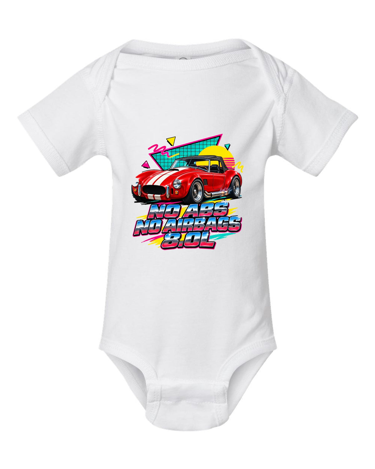 Airbrushed 90s Memphis grid print of a 1992 Dodge Viper RT/10 with no ABS text white baby onesie front view with the design