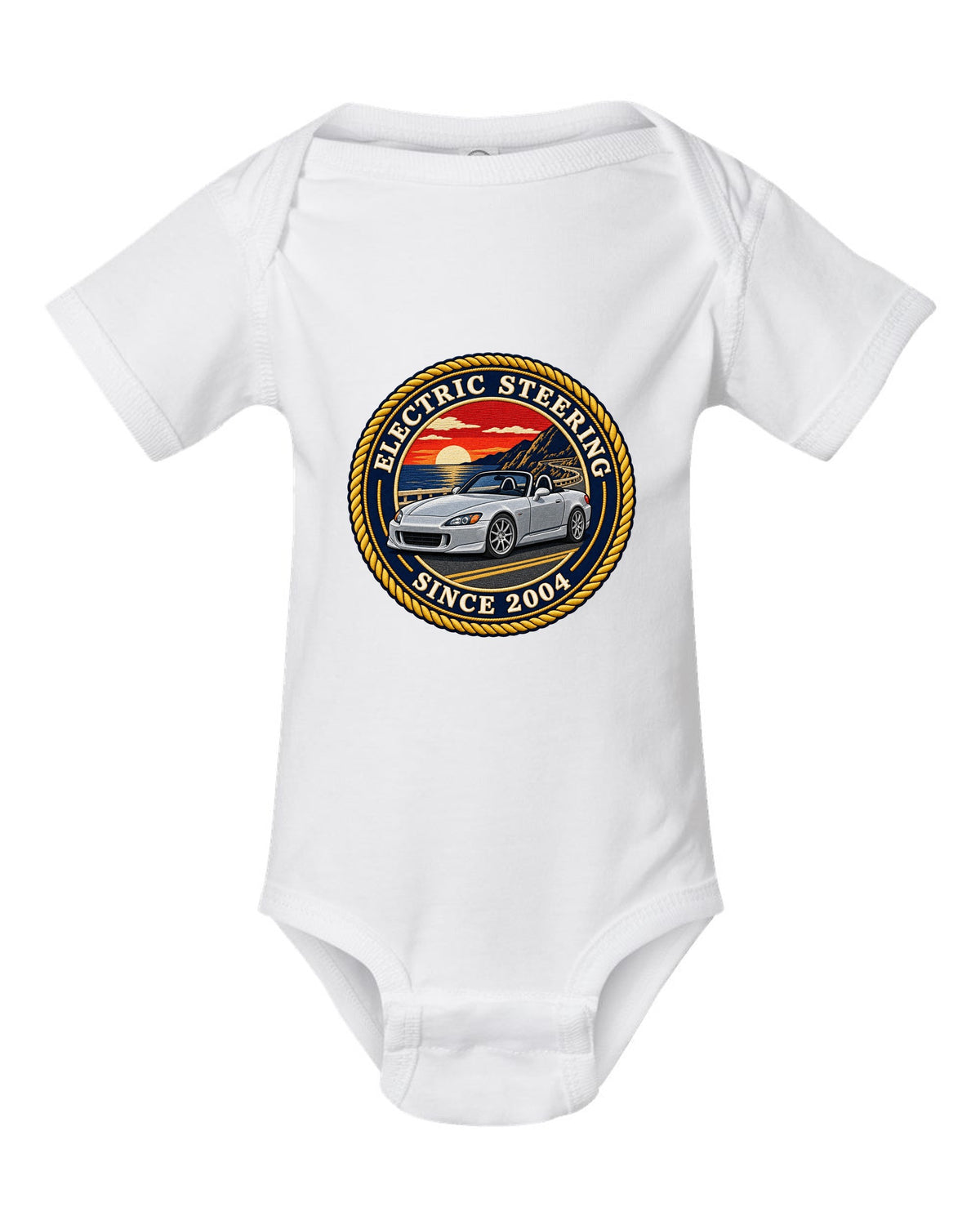 Embroidery-style round crest print of a 2004 Honda S2000 AP2 roadster white baby onesie front view with the design