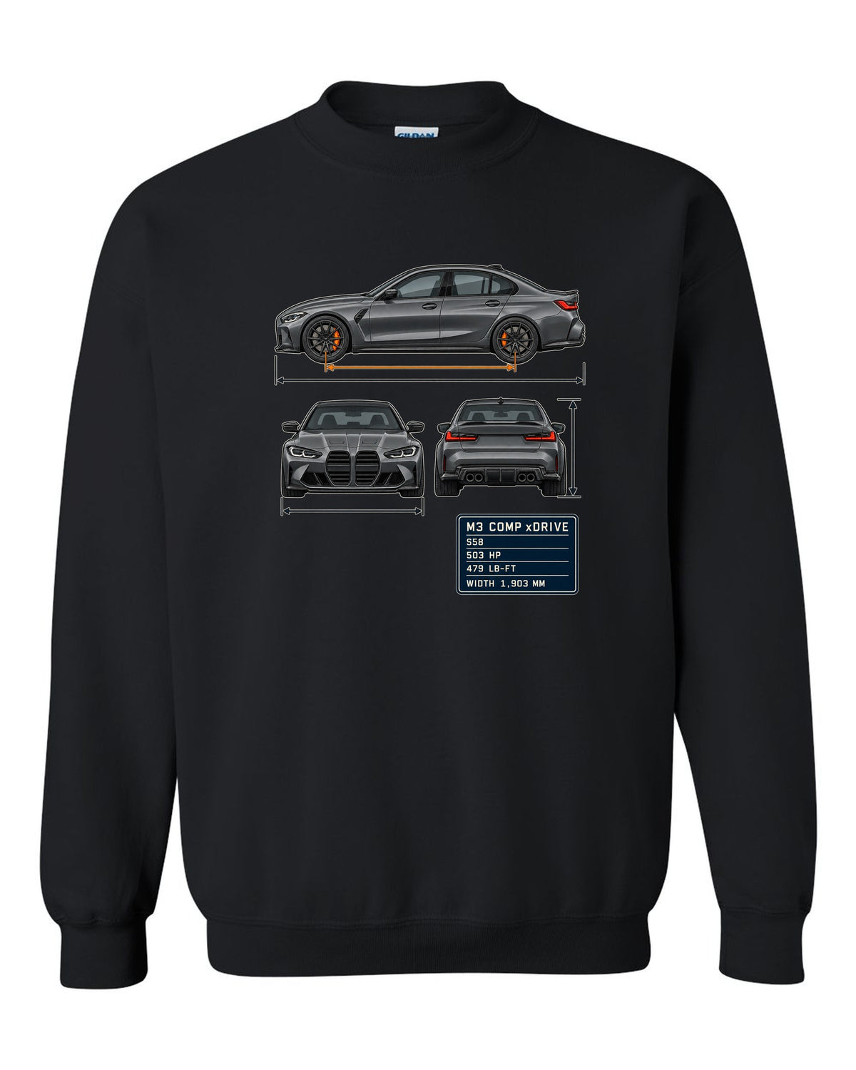 BMW M3 Competition xDrive G80 three-view drawing with spec table print black crewneck front view with the design