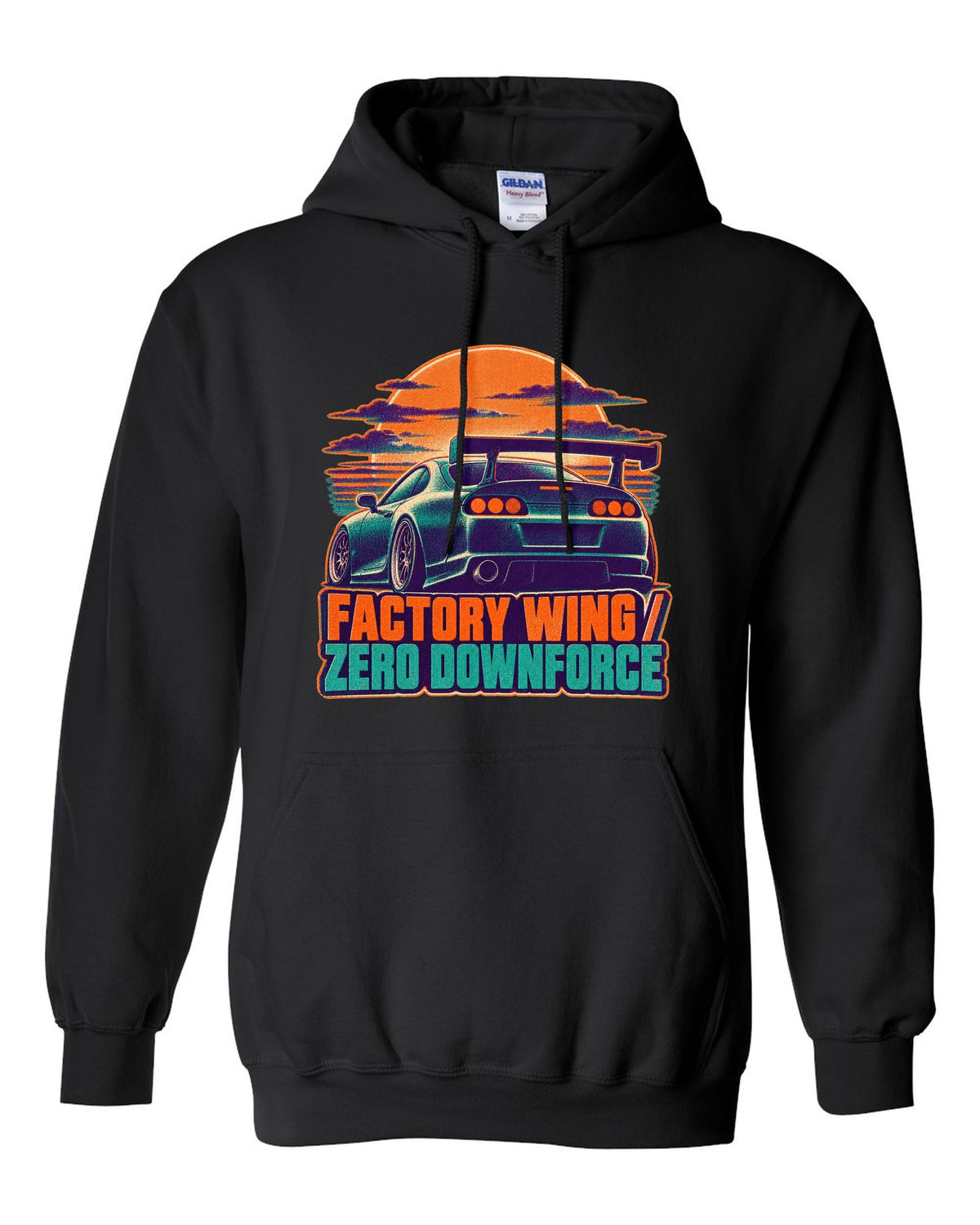 Risograph two-colour dusk print of a Toyota Supra A80 JZA80 with factory wing zero downforce text black pull over hoodie front view with the design