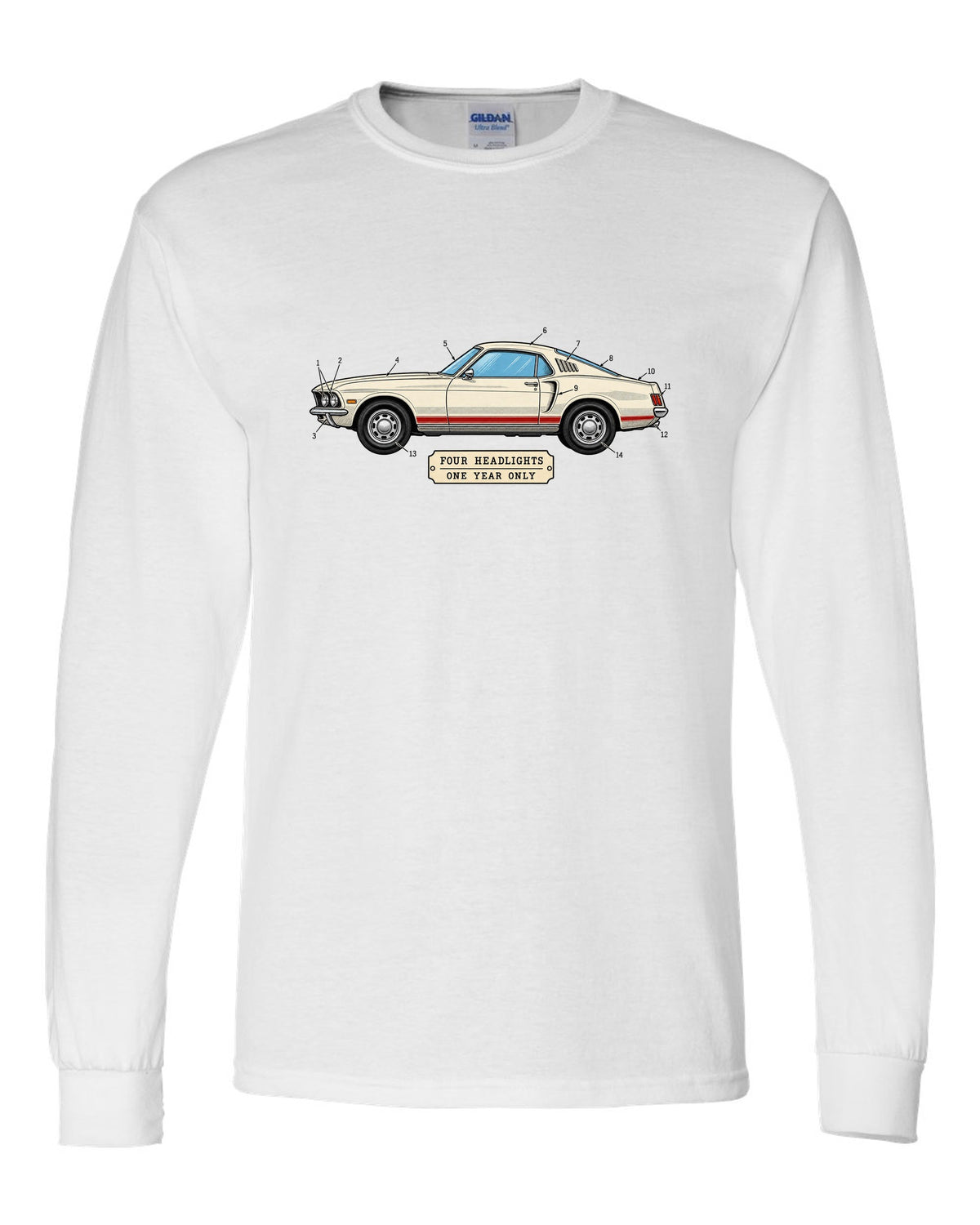 1969 Ford Mustang Fastback Patent Sheet Profile white long sleeve front view with the design