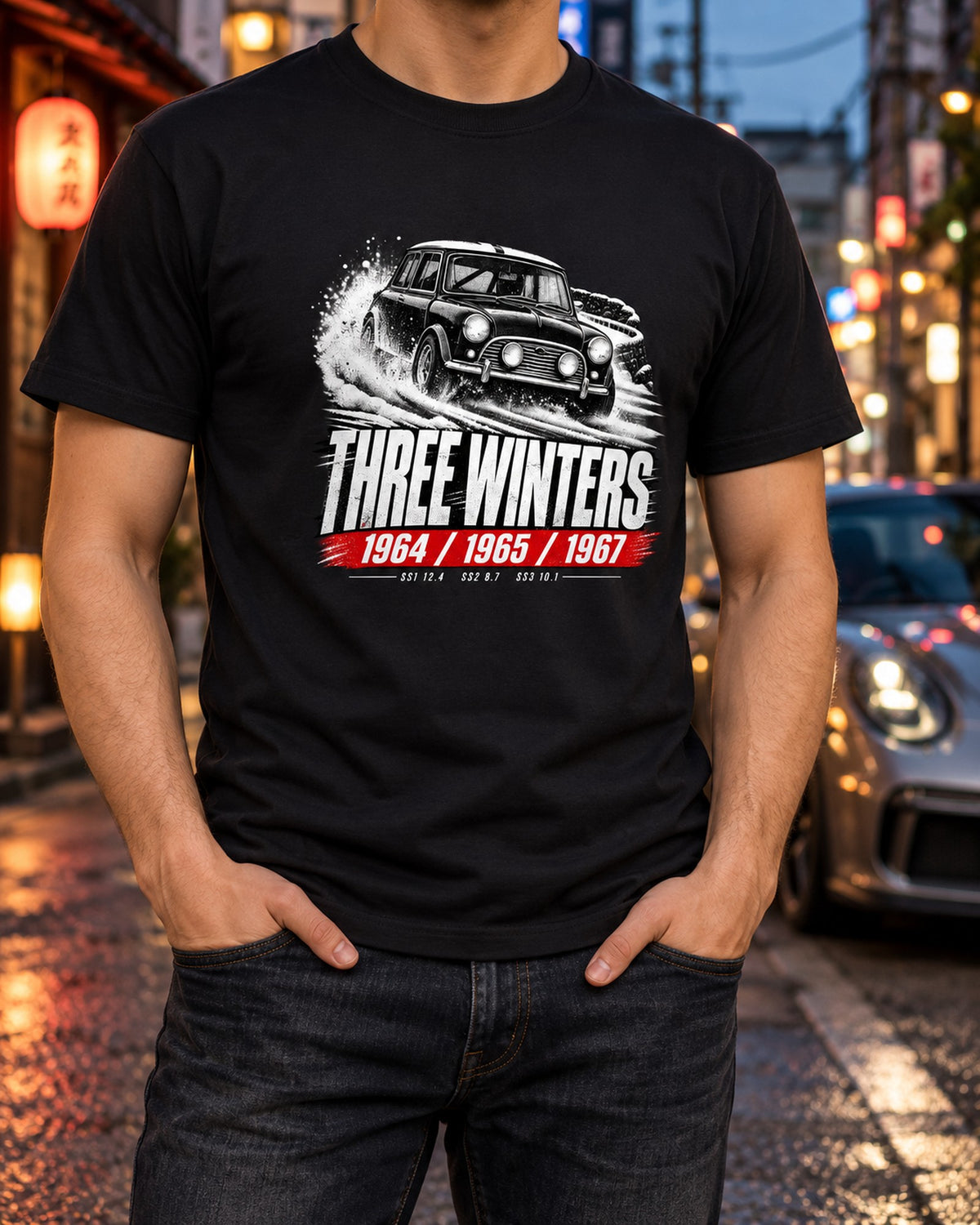 Classic Mini Cooper S Mk I 1964 Rally Poster Tee, Three Winters T-Shirt Black worn hero