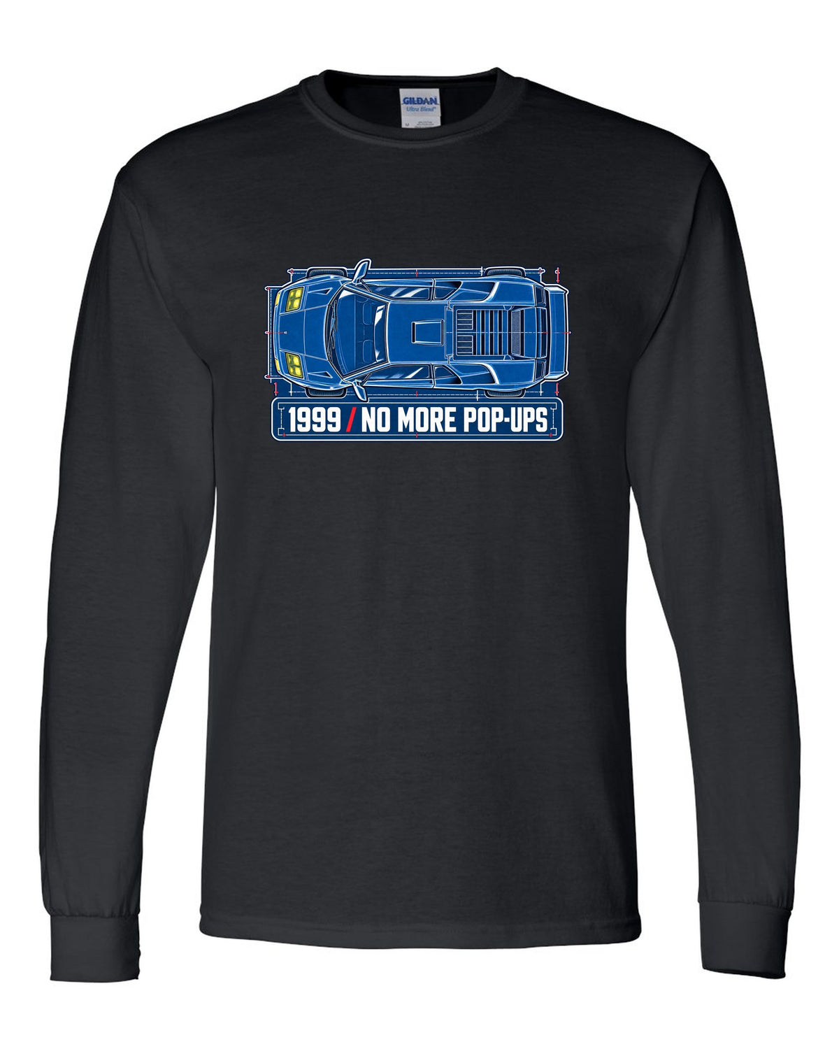 Cyanotype blueprint of a 1999 facelift Lamborghini Diablo with no more pop-ups lettering black long sleeve front view with the design
