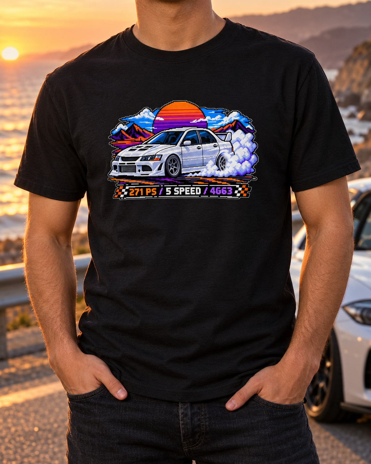 Evo VIII CT9A 8-Bit Pixel Art Burnout Shirt, 4G63 Car Tee T-Shirt Black worn hero