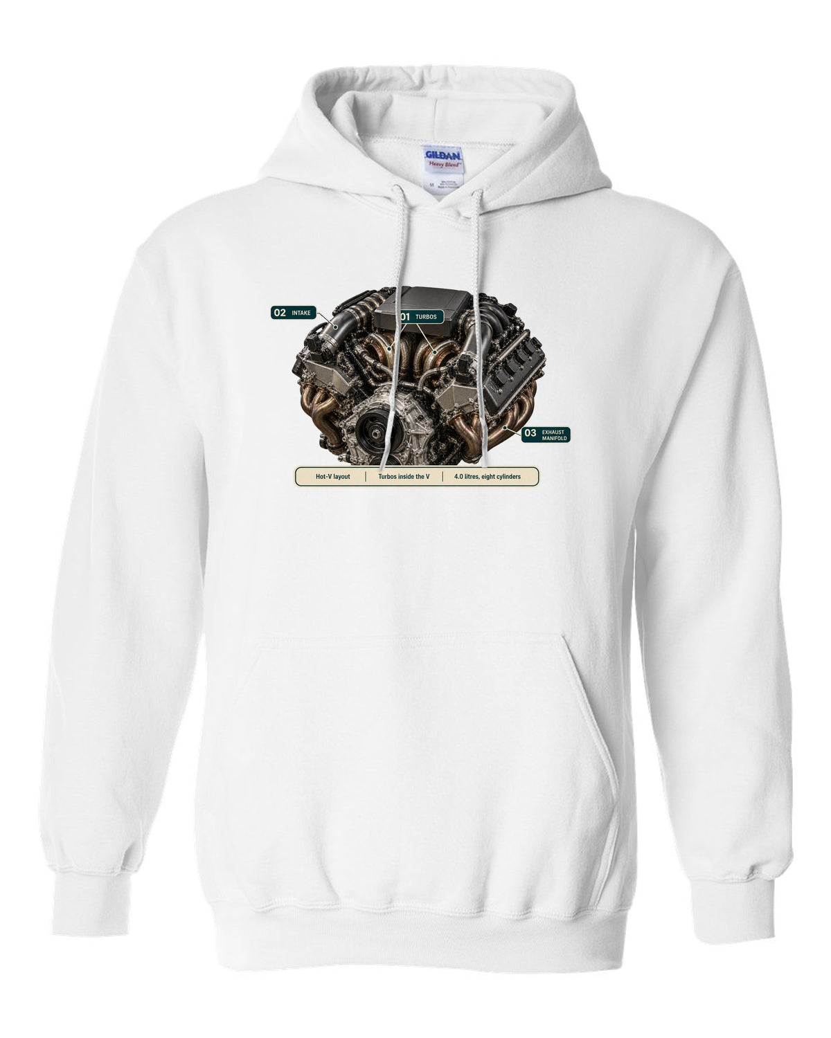 Engine hero print of the Mercedes-AMG M177 4.0 V8 from the G63 white pull over hoodie front view with the design