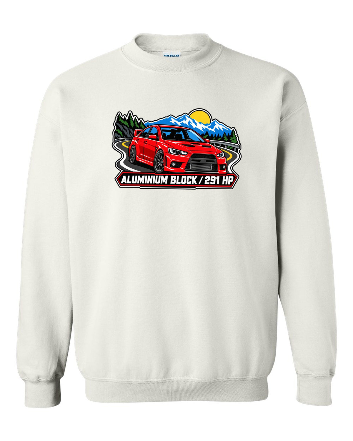 Bold three-colour screen-print style print of an airborne Mitsubishi Evo X CZ4A with all four left the ground text white crewneck front view with the design