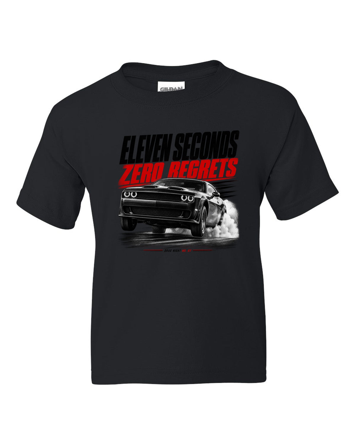 Race poster print of a 2019 Dodge Challenger Hellcat Redeye for Drag Night No. 07 black kids tee front view with the design