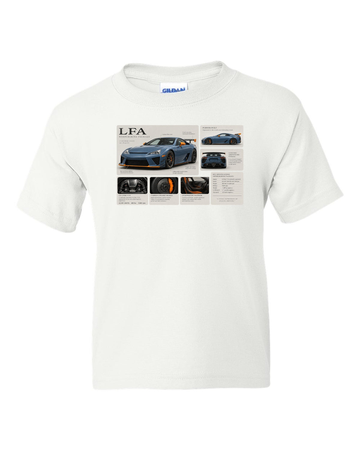 Dossier panel layout for the Lexus LFA Nurburgring Package with V10 notes white kids tee front view with the design