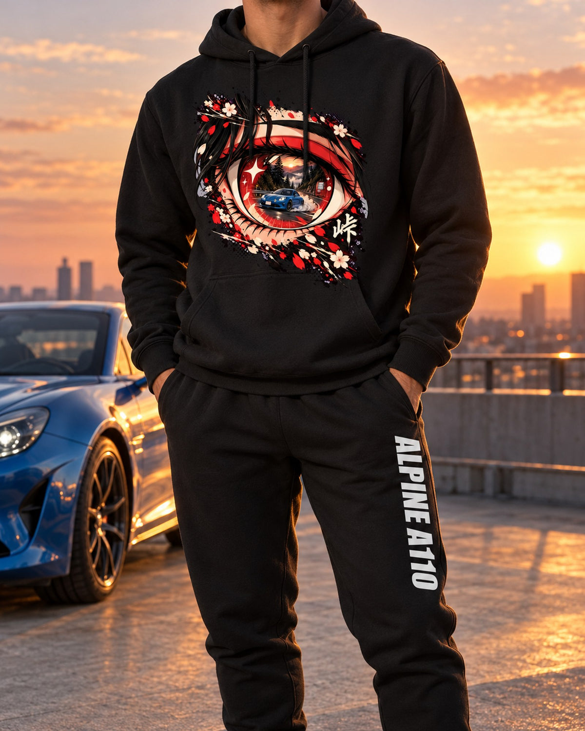 Alpine A110 Anime Girl Hoodie + Jogger Set Black worn hero