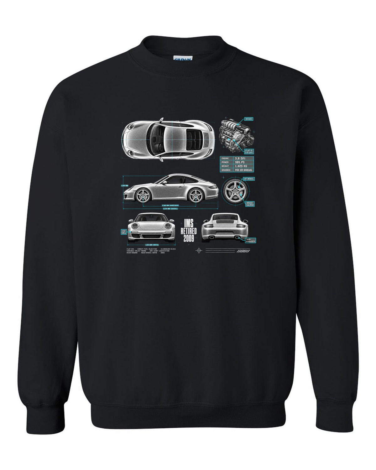 Spec poster print of a Porsche 911 Carrera S (997.2) with the headline IMS Retired 2009 black crewneck front view with the design