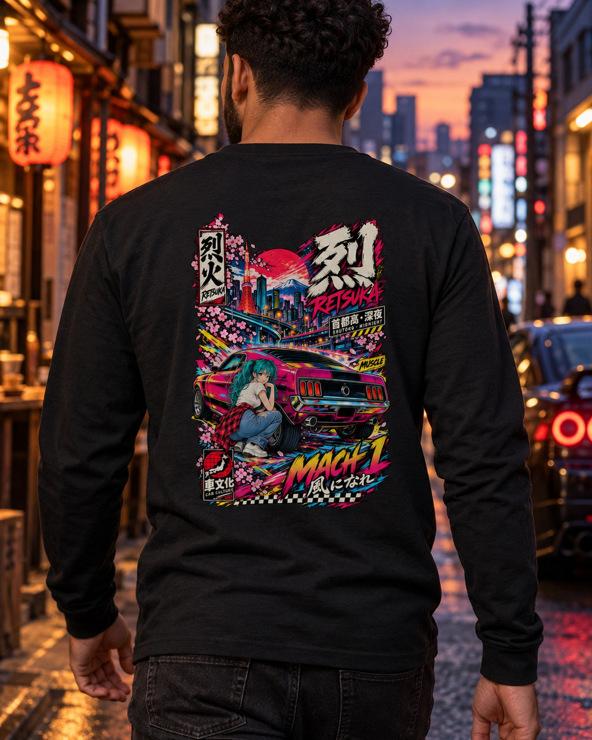 RETSUKA MACH 1 Anime Girl Full-Back Graphic Tee Long Sleeve Black worn hero