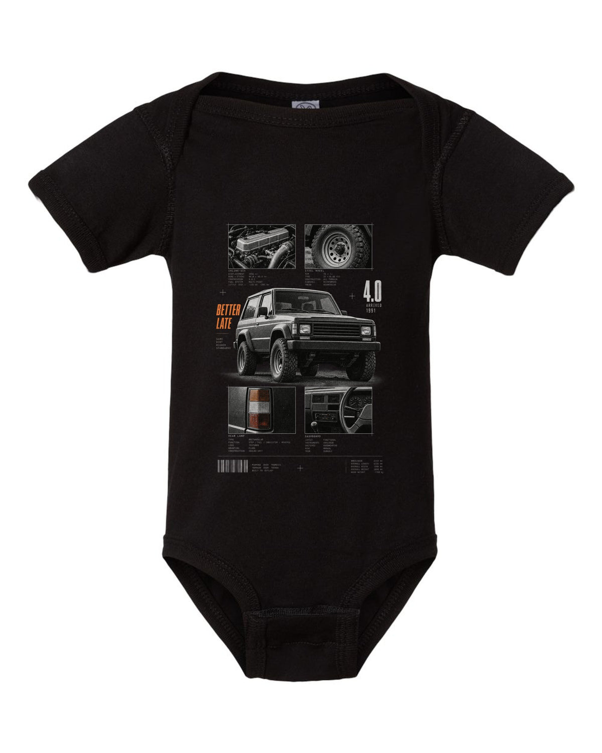 Dossier panel print for the Jeep Wrangler YJ 4.0, arrived 1991 black baby onesie front view with the design