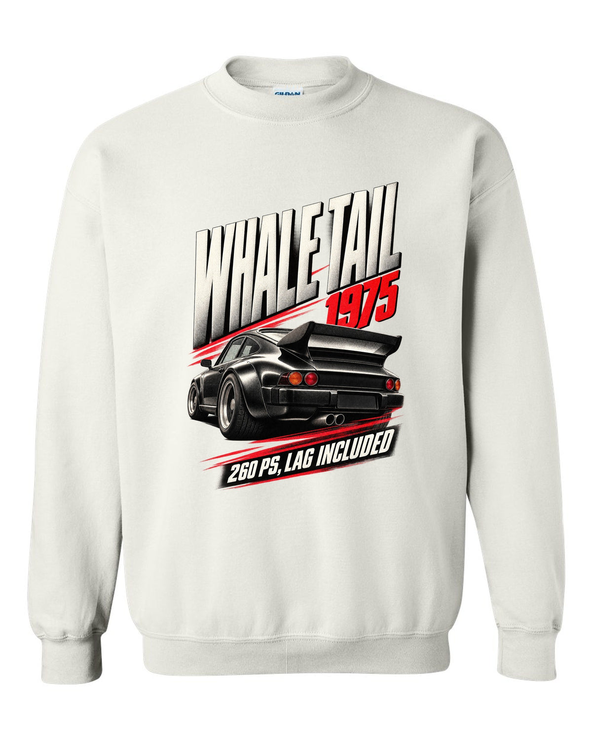 Race poster print of the 1975 Porsche 911 Turbo 3.0 (930) with whale tail and 260 PS text white crewneck front view with the design