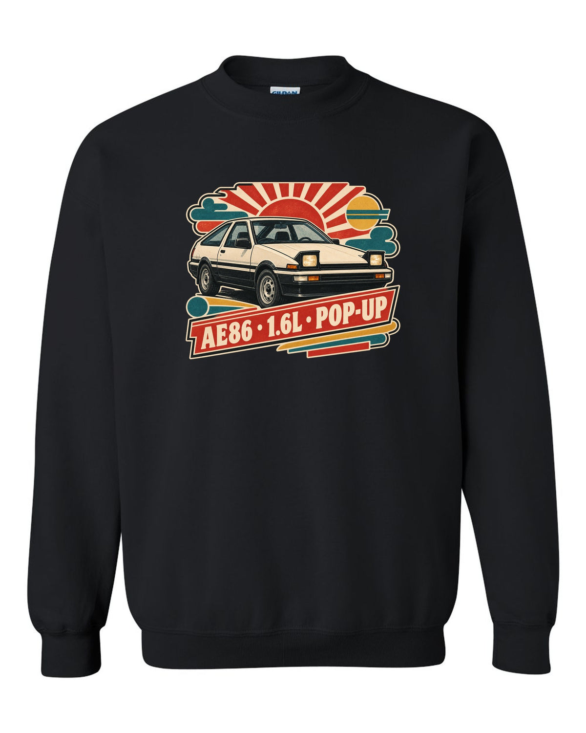 Retro Japanese Showa catalogue ad style print of a 1985 Toyota Sprinter Trueno AE86 with pop-up lettering black crewneck front view with the design