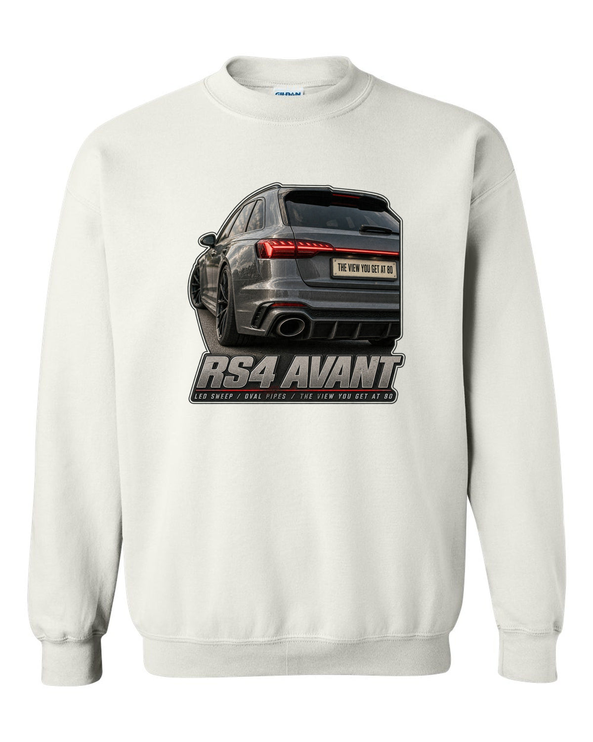 Audi RS4 Avant B9 rear taillight macro with LED sweep and oval pipes print white crewneck front view with the design