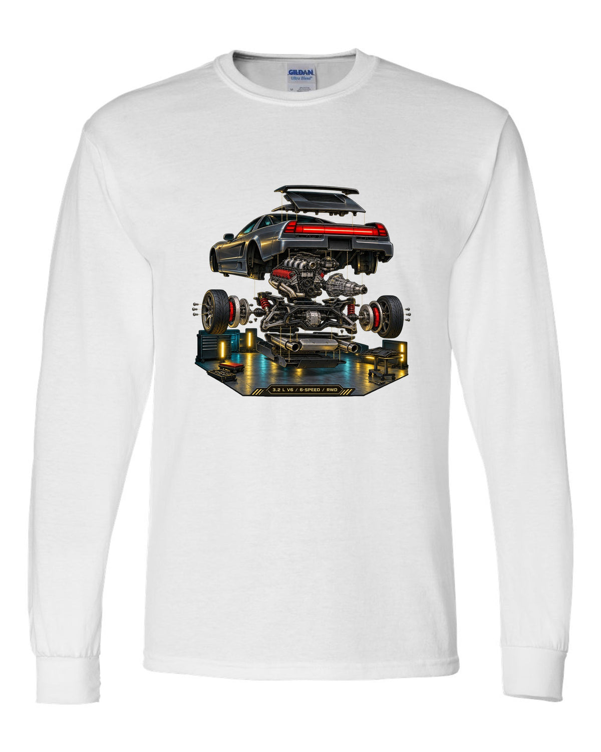 Isometric exploded diagram print of the Honda NSX NA2 with 3.2 L V6 6-speed RWD text white long sleeve front view with the design