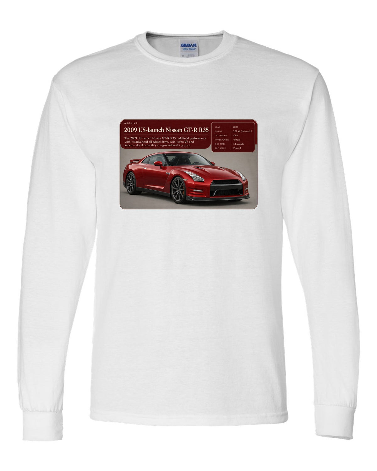Archive panel print of a deep red 2009 US launch Nissan GT-R R35 white long sleeve front view with the design