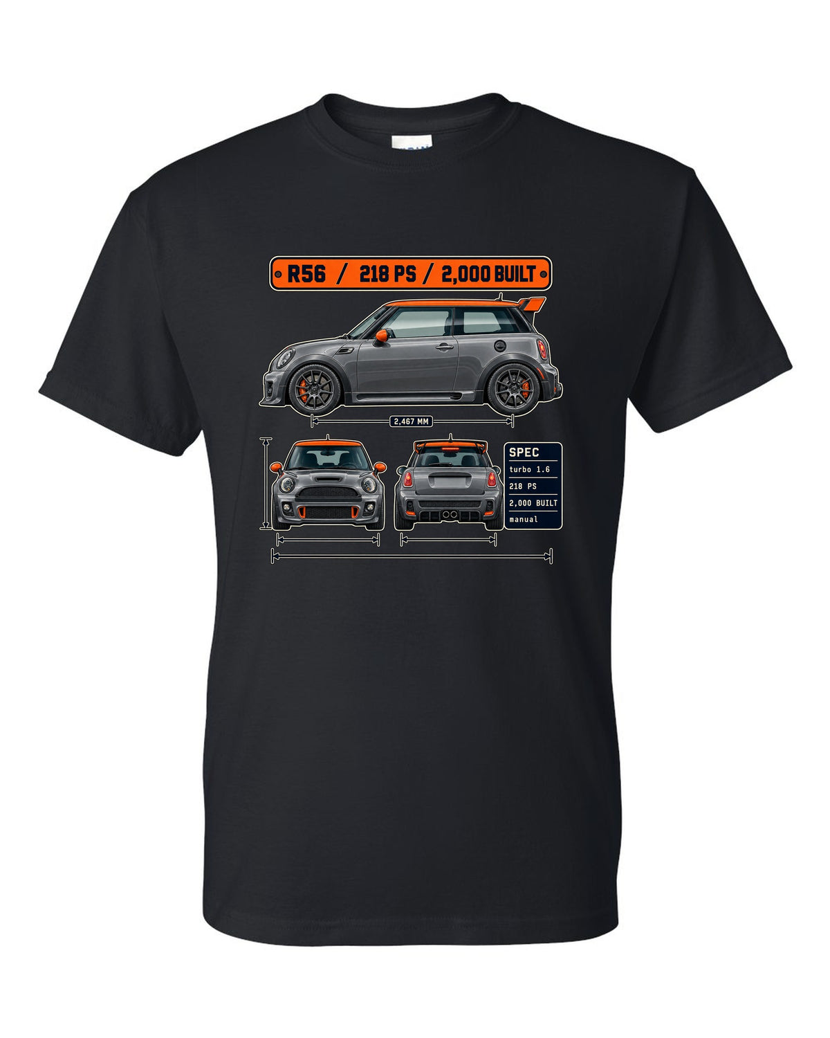 Three-view and spec table print for the Mini JCW GP R56 2012 with 2,000 built text black t-shirt front view with the design