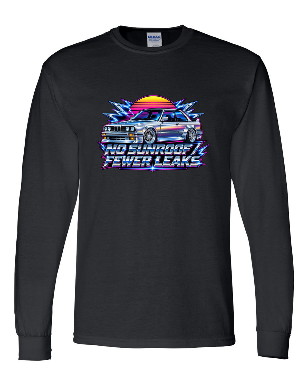 80s chrome airbrush print of a BMW E30 M3 with no sunroof fewer leaks text black long sleeve front view with the design