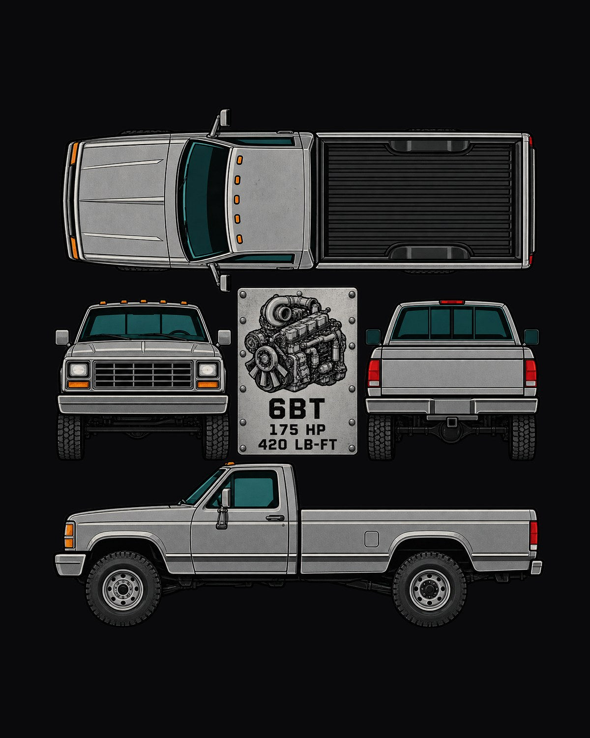 Dodge Ram D250 6BT Cummins Data Plate Shirt, 175 HP 420 LB-FT design only