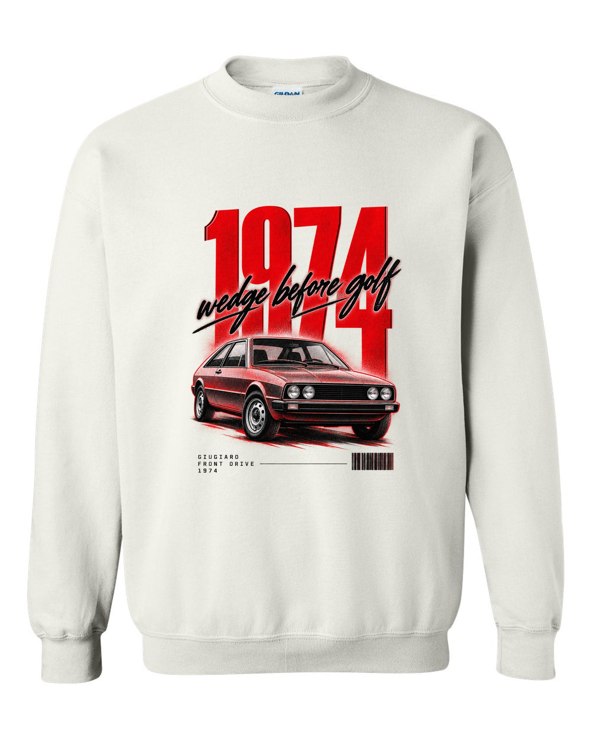 Street poster print of a VW Scirocco Mk1 front three-quarter with wedge before Golf 1974 text white crewneck front view with the design