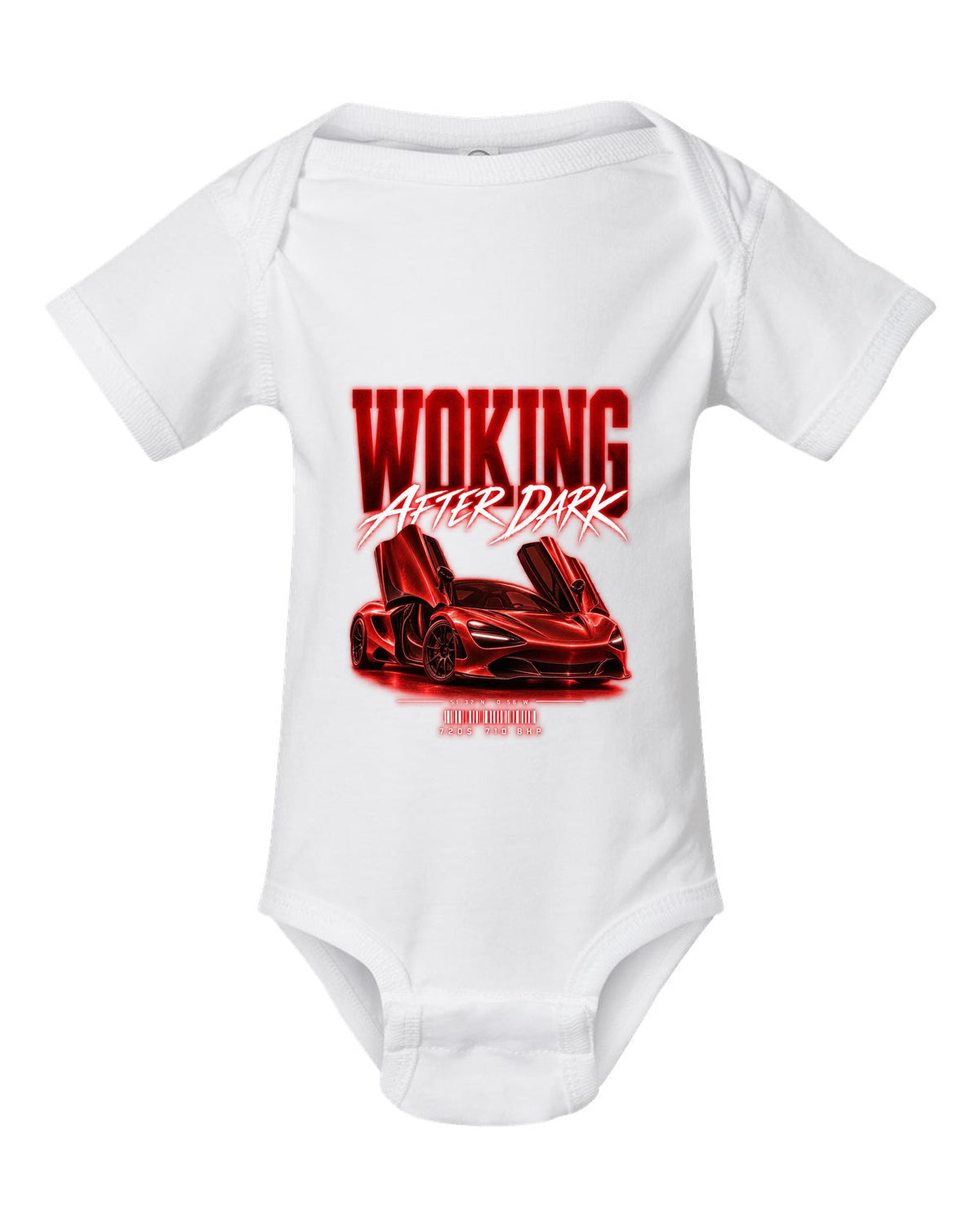 Street poster print of a 2017 McLaren 720S at night with Woking after dark text white baby onesie front view with the design
