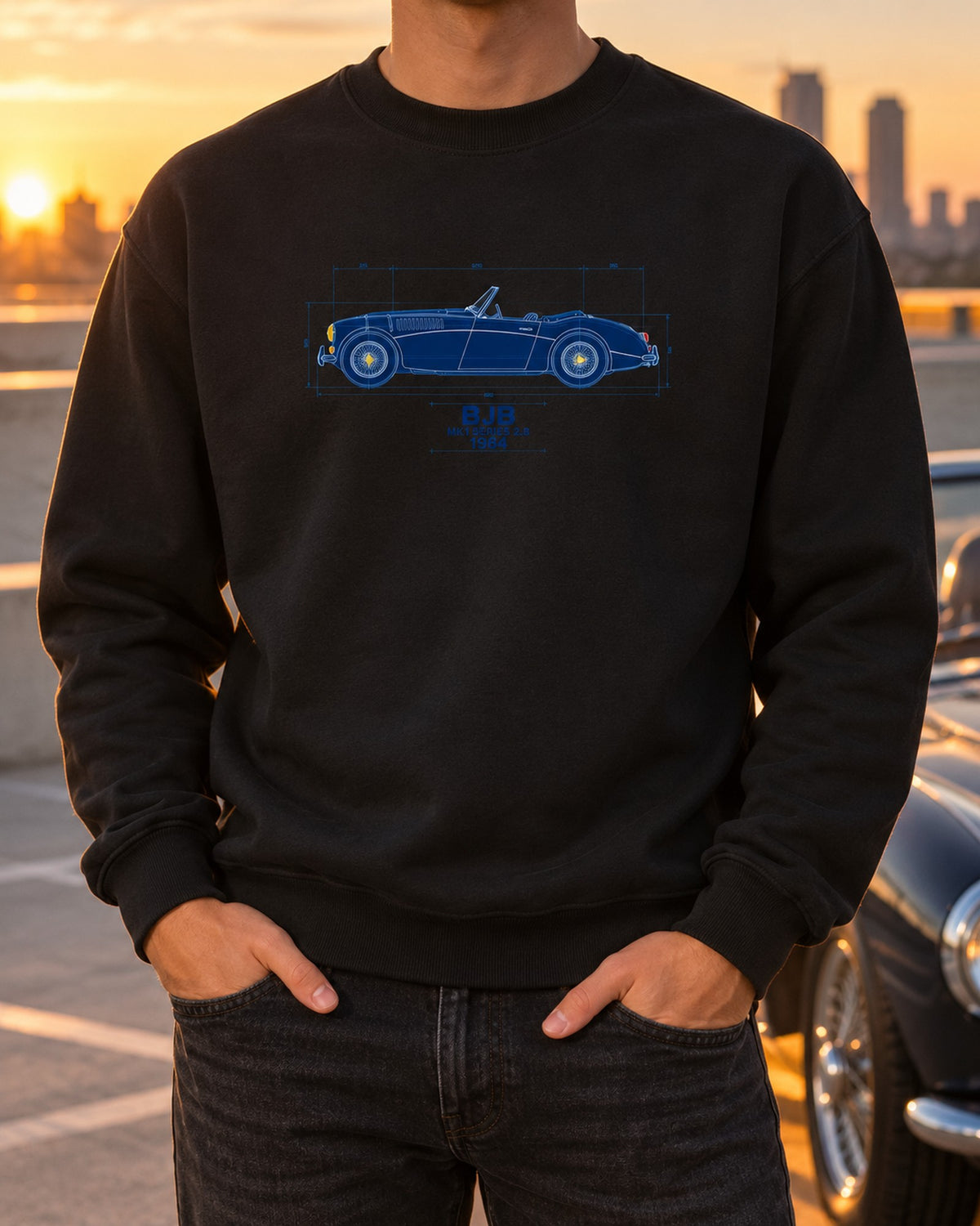 Austin-Healey 3000 Mk III BJ8 Blueprint Tee, Big Healey Crewneck Black worn hero