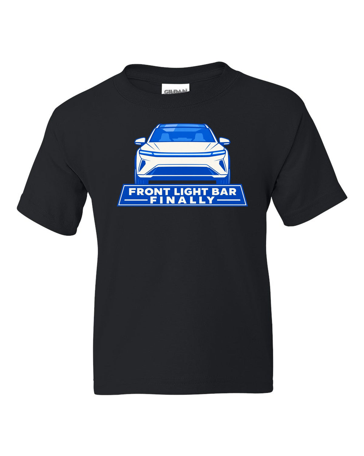 Minimal geometric flat vector print of a Tesla Model Y Juniper with the text Front Light Bar Finally black kids tee front view with the design