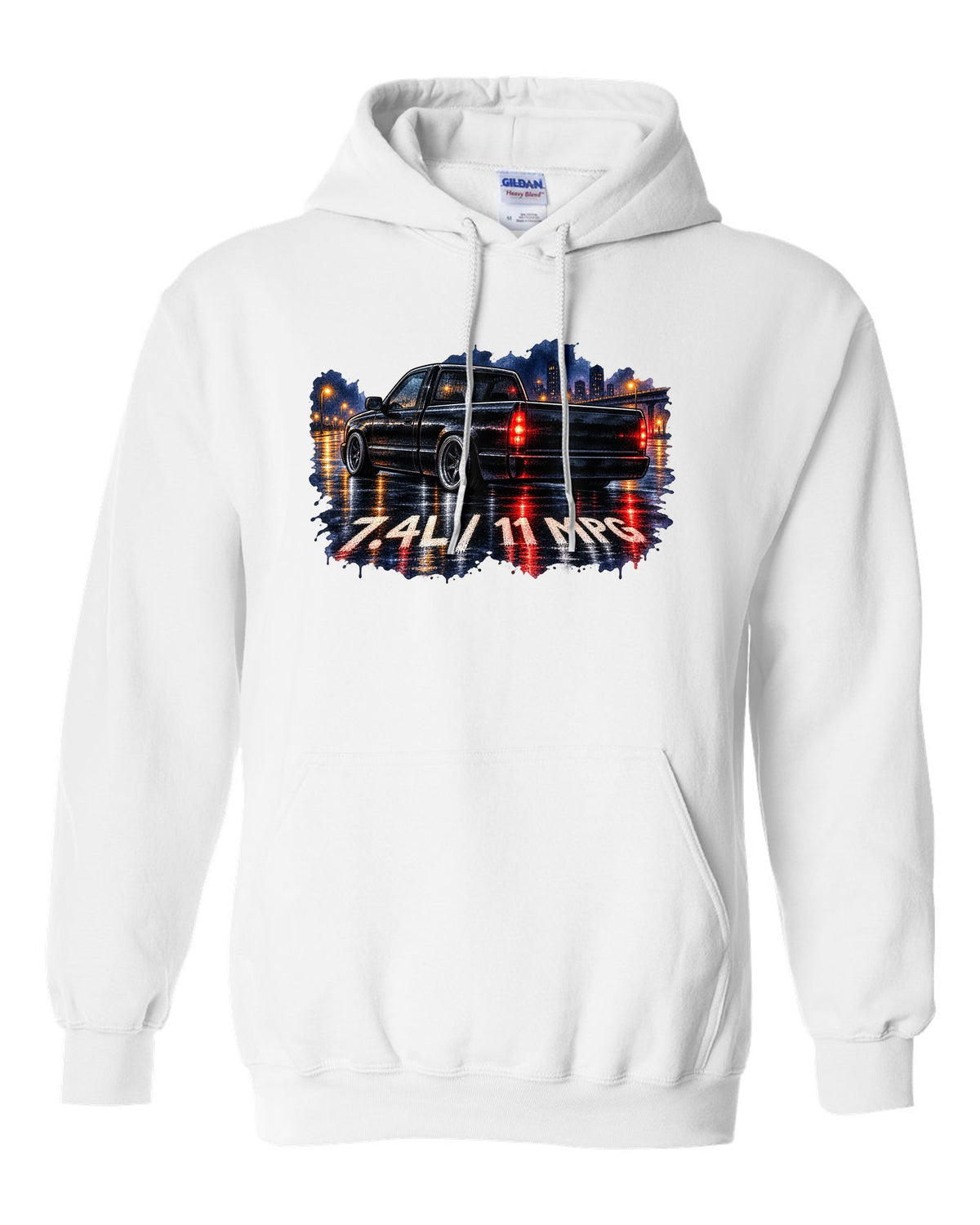 80s airbrush chrome print of a 1990-93 Chevrolet 454 SS pickup with 7.4L and 11 MPG text white pull over hoodie front view with the design