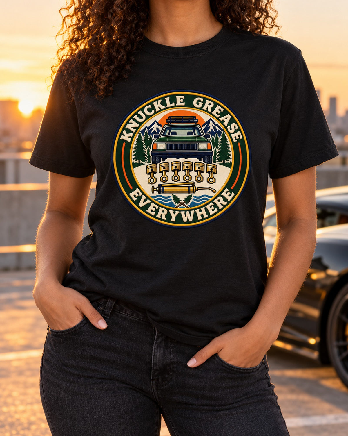 FZJ80 Land Cruiser Inline-Six Crest Shirt, Knuckle Grease T-Shirt Black worn hero