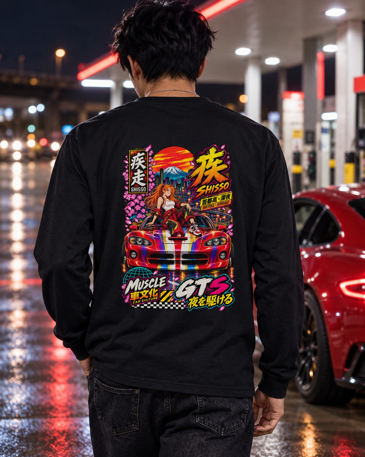 SHISSO GTS Anime Girl Full-Back Graphic Tee Long Sleeve Black worn hero