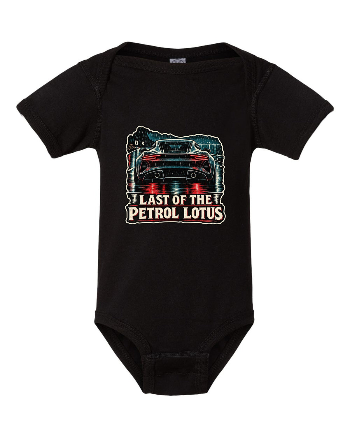 Lotus Emira in linocut woodcut style with LAST OF THE PETROL LOTUS lettering black baby onesie front view with the design