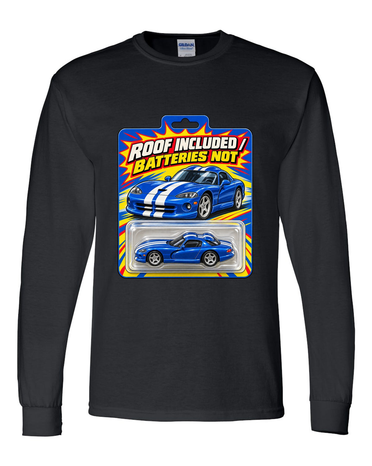 Toy blister-card layout featuring a 1996 Dodge Viper GTS SR II with roof included joke text black long sleeve front view with the design