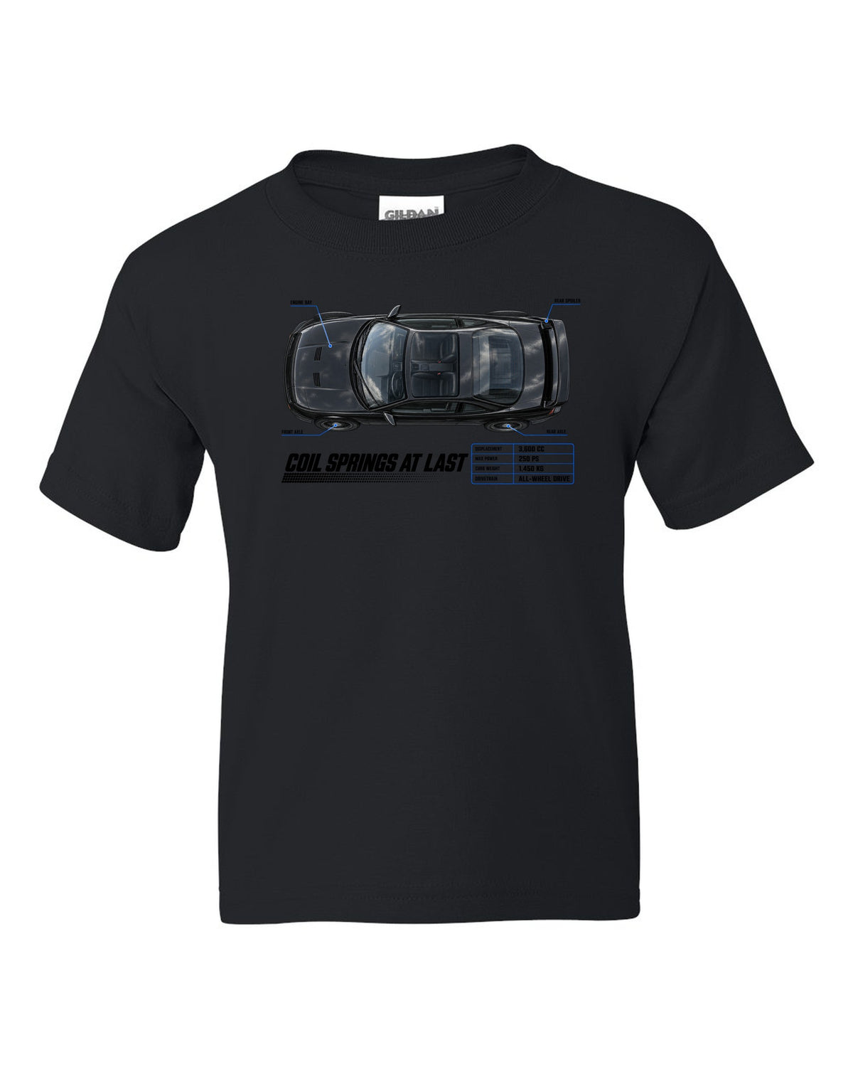 Top-down spec poster print of a Porsche 911 Carrera 4 (964) with the headline Coil Springs At Last black kids tee front view with the design