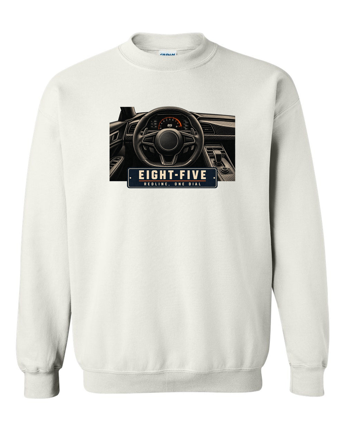 Cockpit and single dial of the Koenigsegg Jesko with carbon tub and flat dash, print white crewneck front view with the design