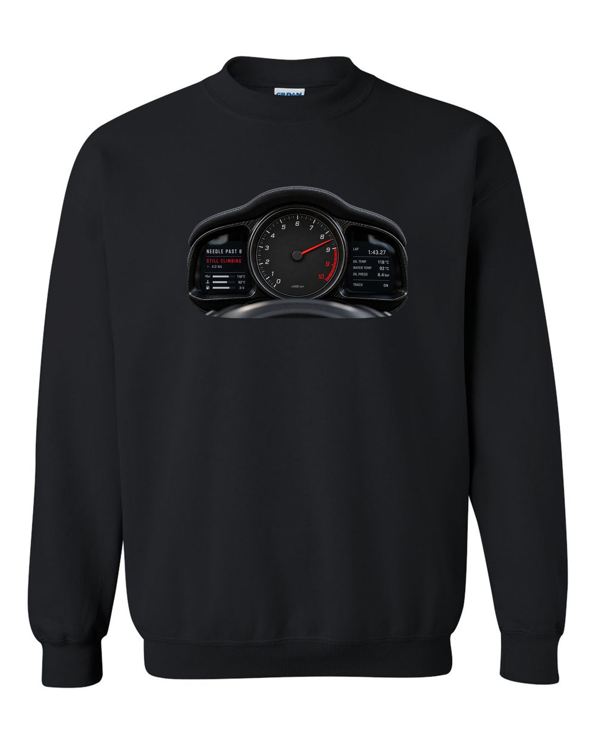 Cockpit gauge print of a 2022 Porsche 911 GT3 RS 992 tachometer past 8 black crewneck front view with the design