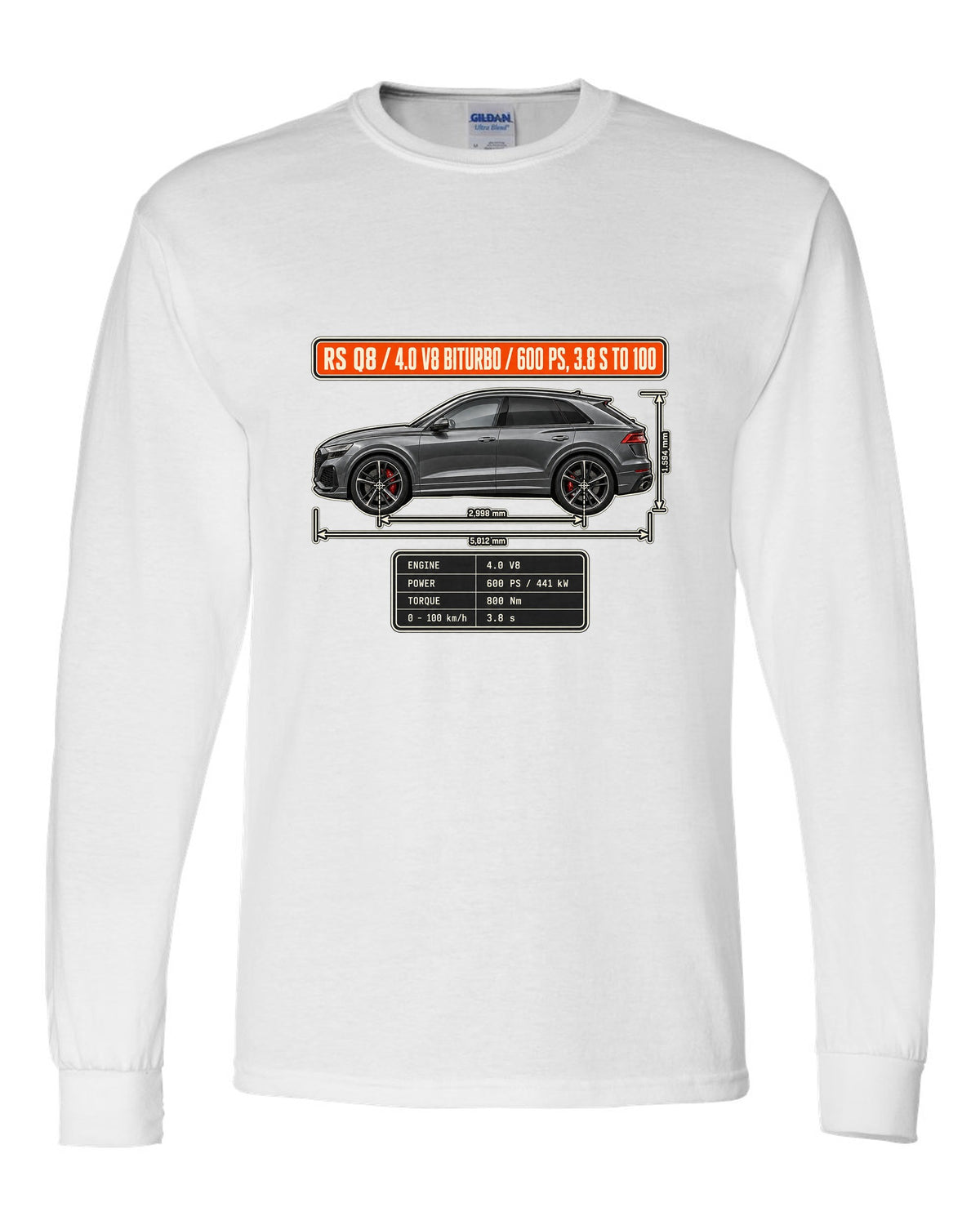 Audi RS Q8 dimension blueprint print with V8 biturbo specs white long sleeve front view with the design