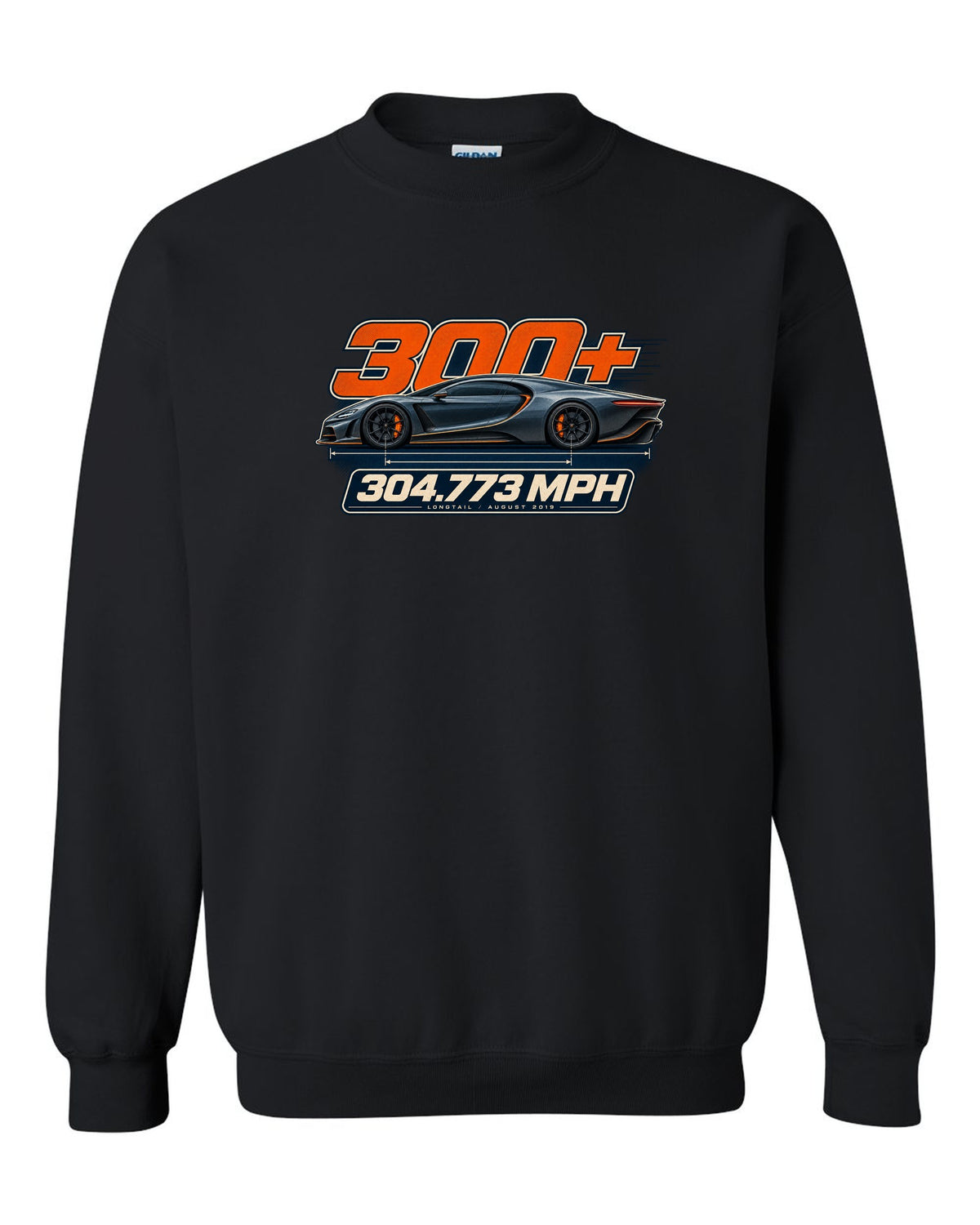 Spec poster of the Bugatti Chiron Super Sport 300+ with 304.773 mph text, print black crewneck front view with the design