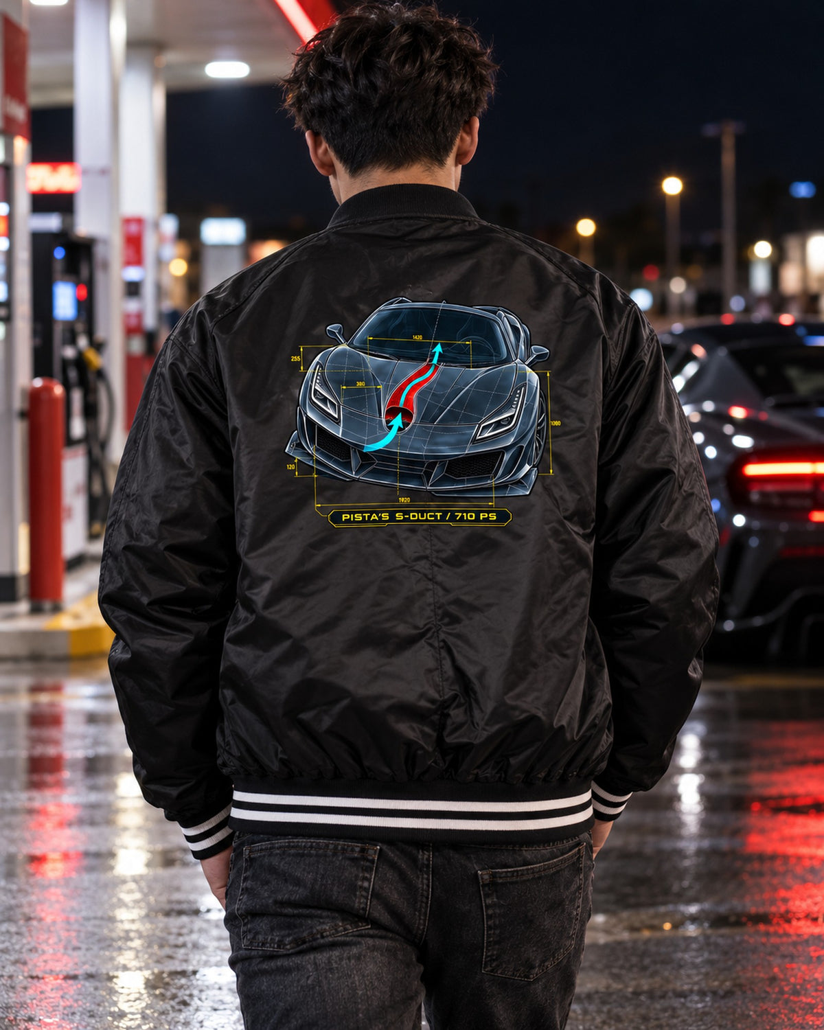 S-Duct Blueprint Tee for Ferrari F8 Tributo Owners Bomber Jacket Black worn hero