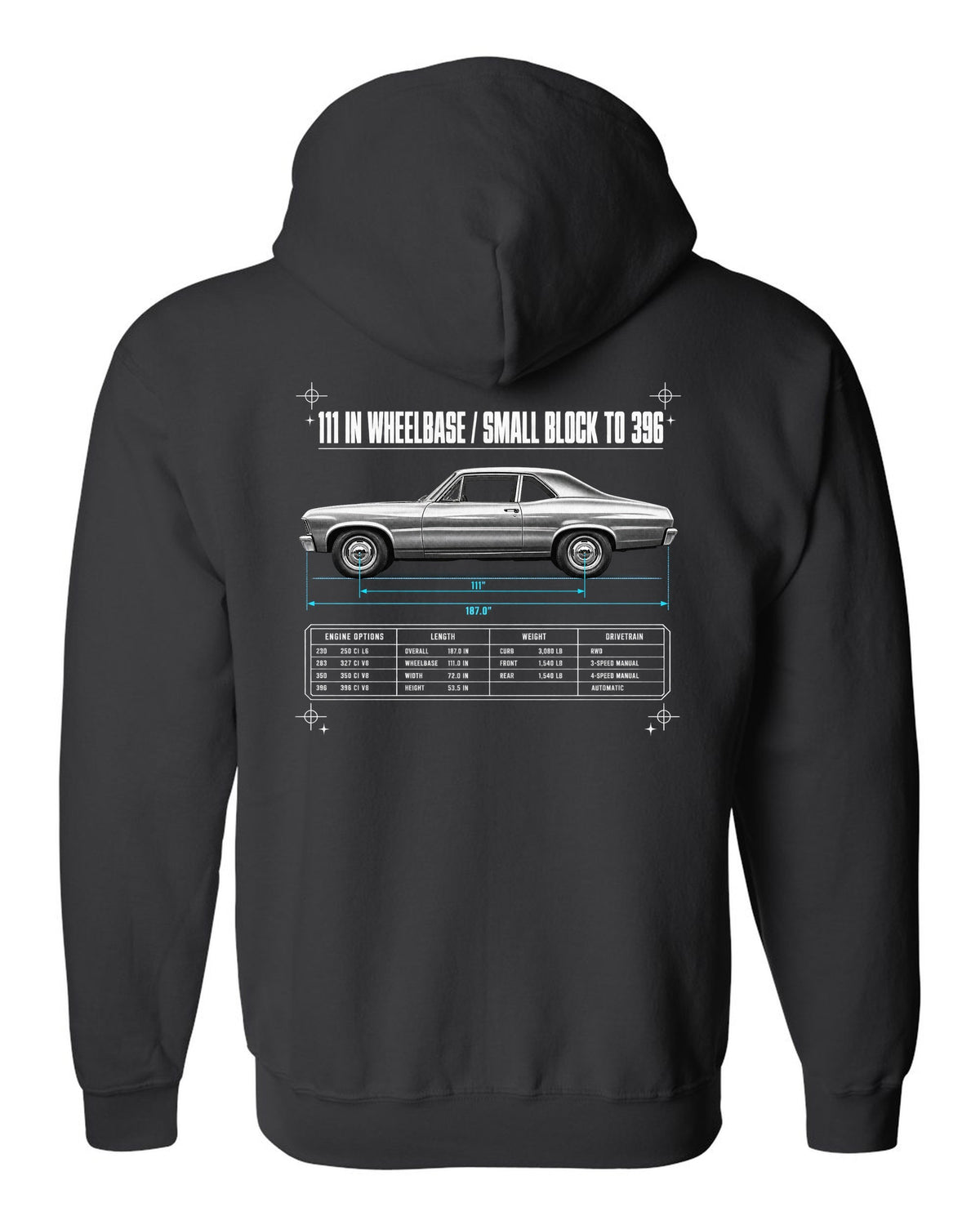 1968 Nova X-Body Spec Poster black zip hoodie back view with the design