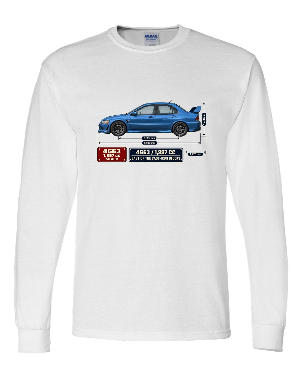 Lancer Evolution IX MR Blueprint white long sleeve front view with the design