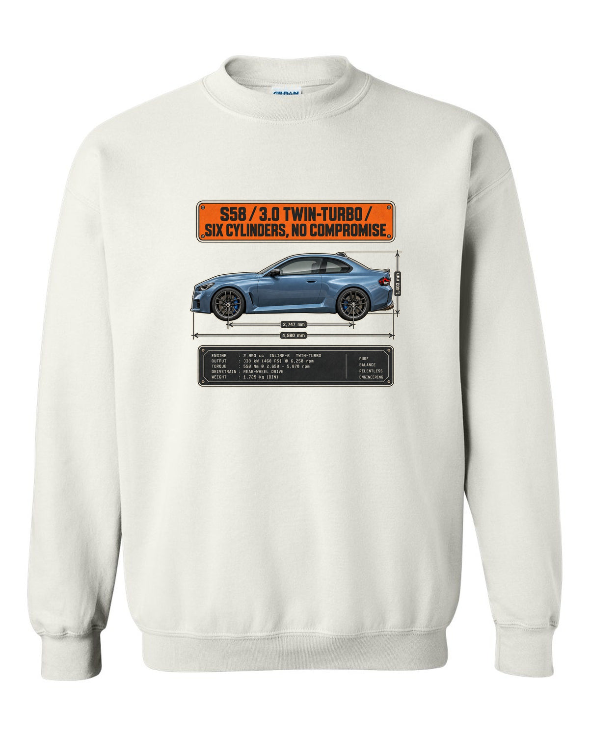 BMW M2 G87 dimension blueprint print with S58 3.0 twin-turbo text white crewneck front view with the design