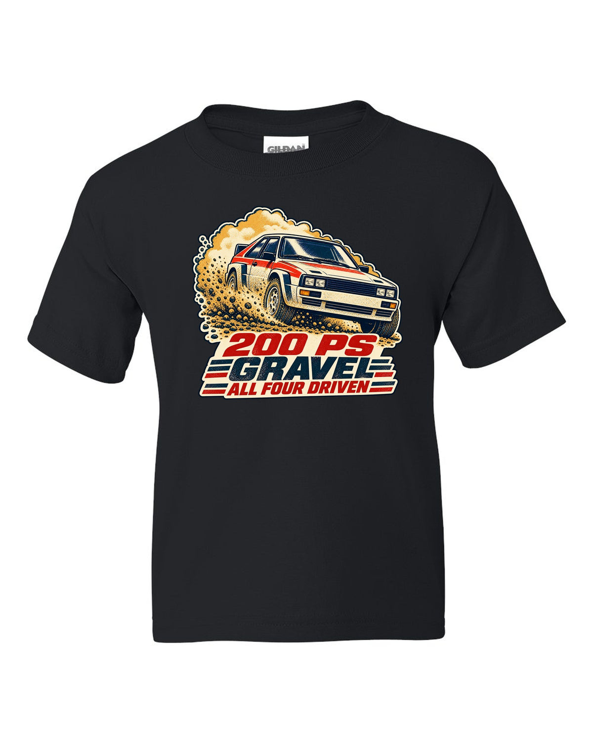 Vintage rally poster screenprint print of an Audi Ur-Quattro Type 85 on gravel black kids tee front view with the design
