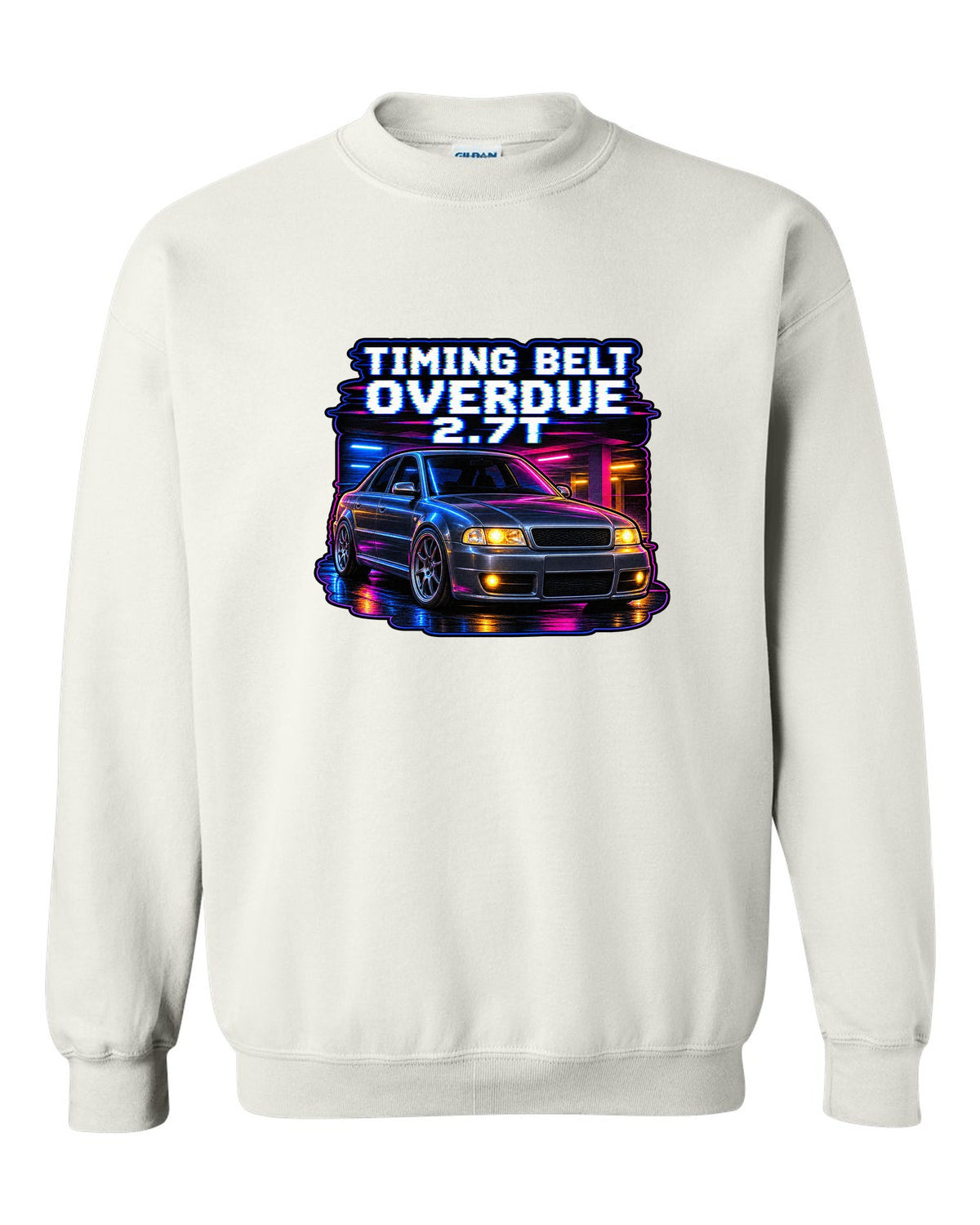 VHS lo-fi print of an Audi S4 B5 with Timing Belt Overdue and 2.7T text white crewneck front view with the design