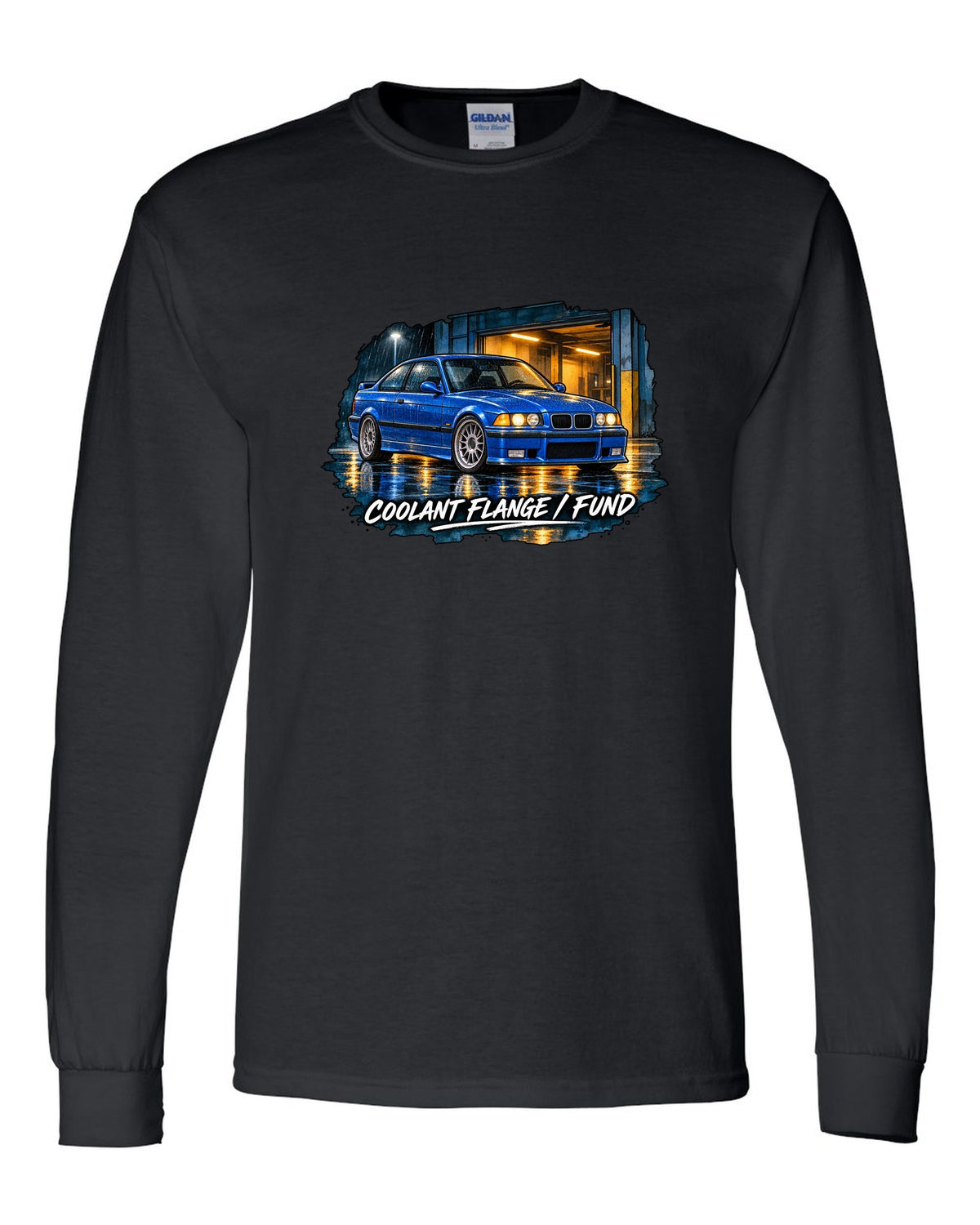 Comic halftone pop-art burnout of a BMW E36 M3 coupe with rear tyres subscription text black long sleeve front view with the design