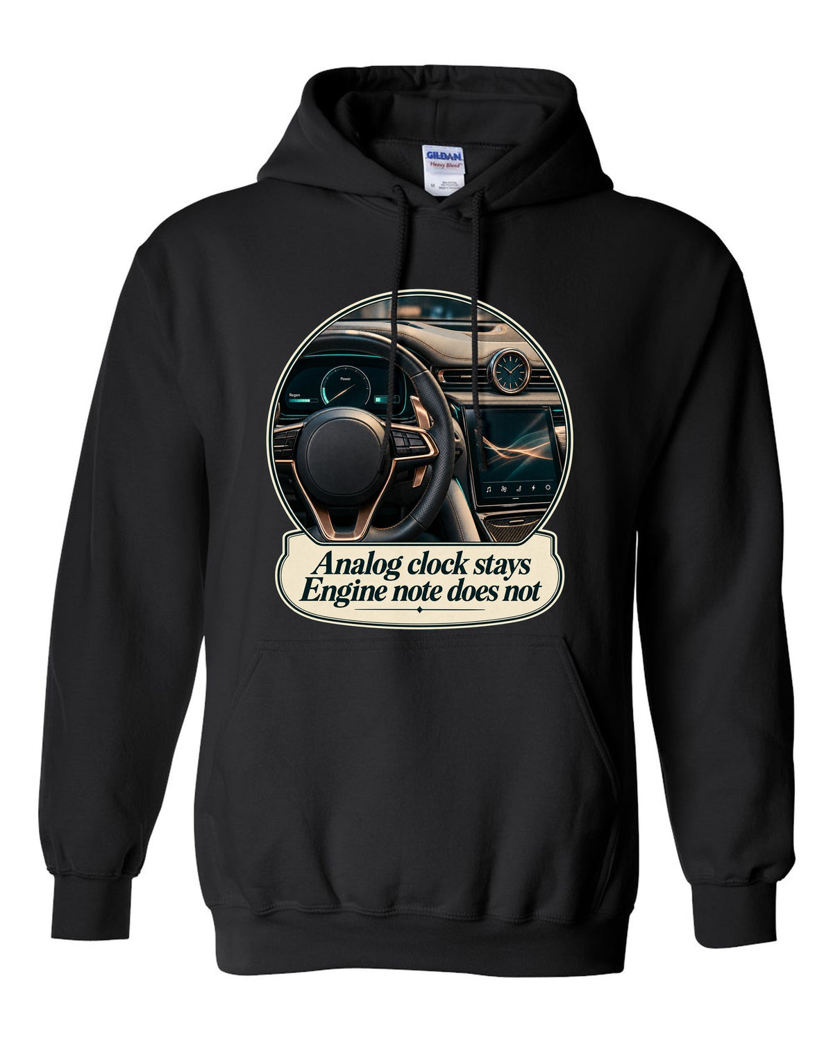 Maserati GranTurismo Folgore cockpit with analog clock, print black pull over hoodie front view with the design