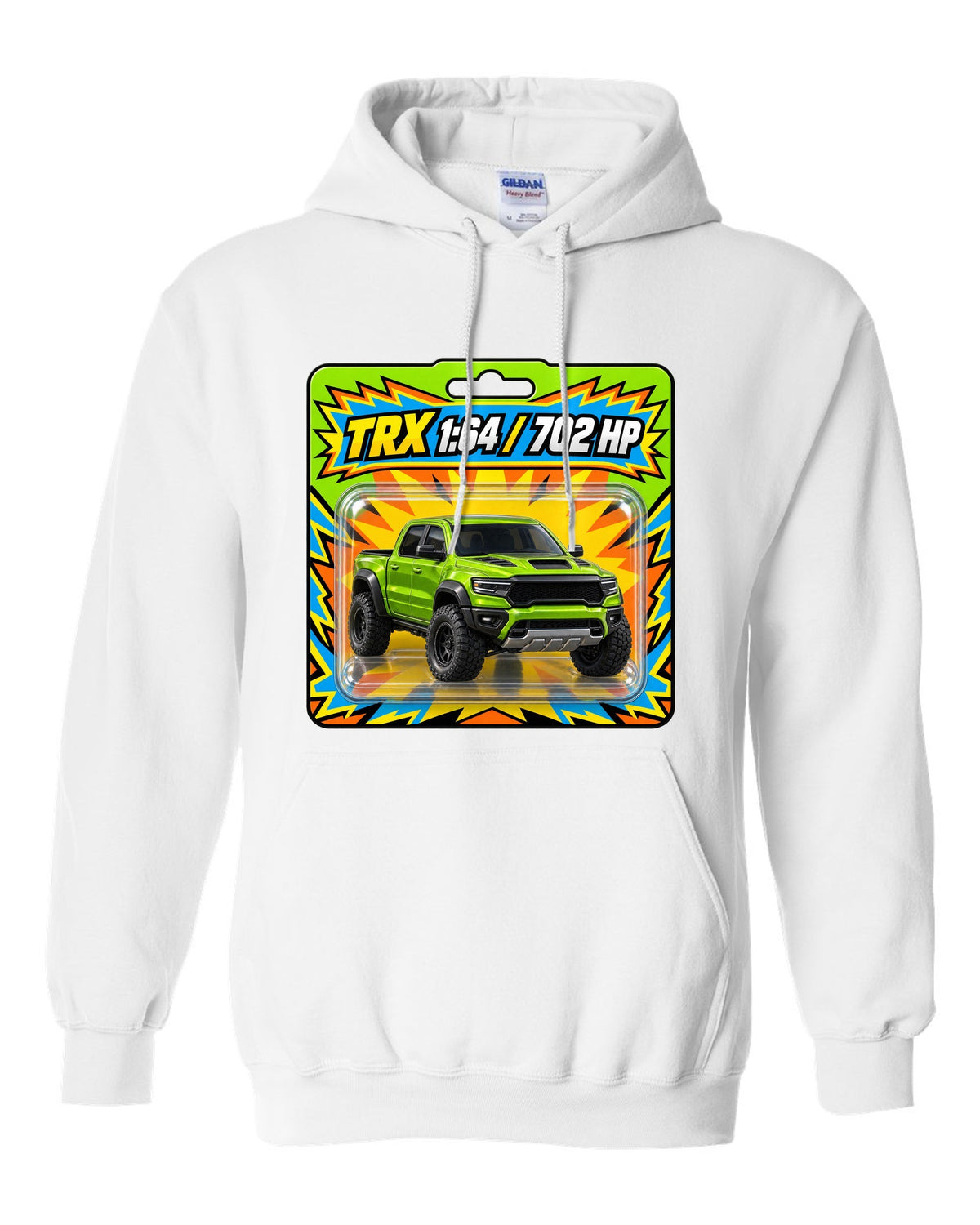 print of a 1:64 toy blister card featuring the Ram 1500 TRX with 702 HP white pull over hoodie front view with the design