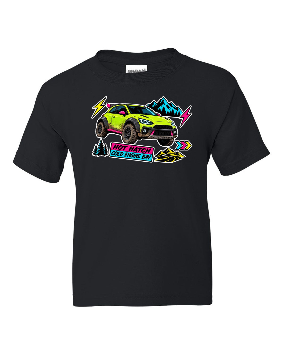 Rivian R3X die-cut slap sticker collage print with the text hot ch cold engine bay black kids tee front view with the design
