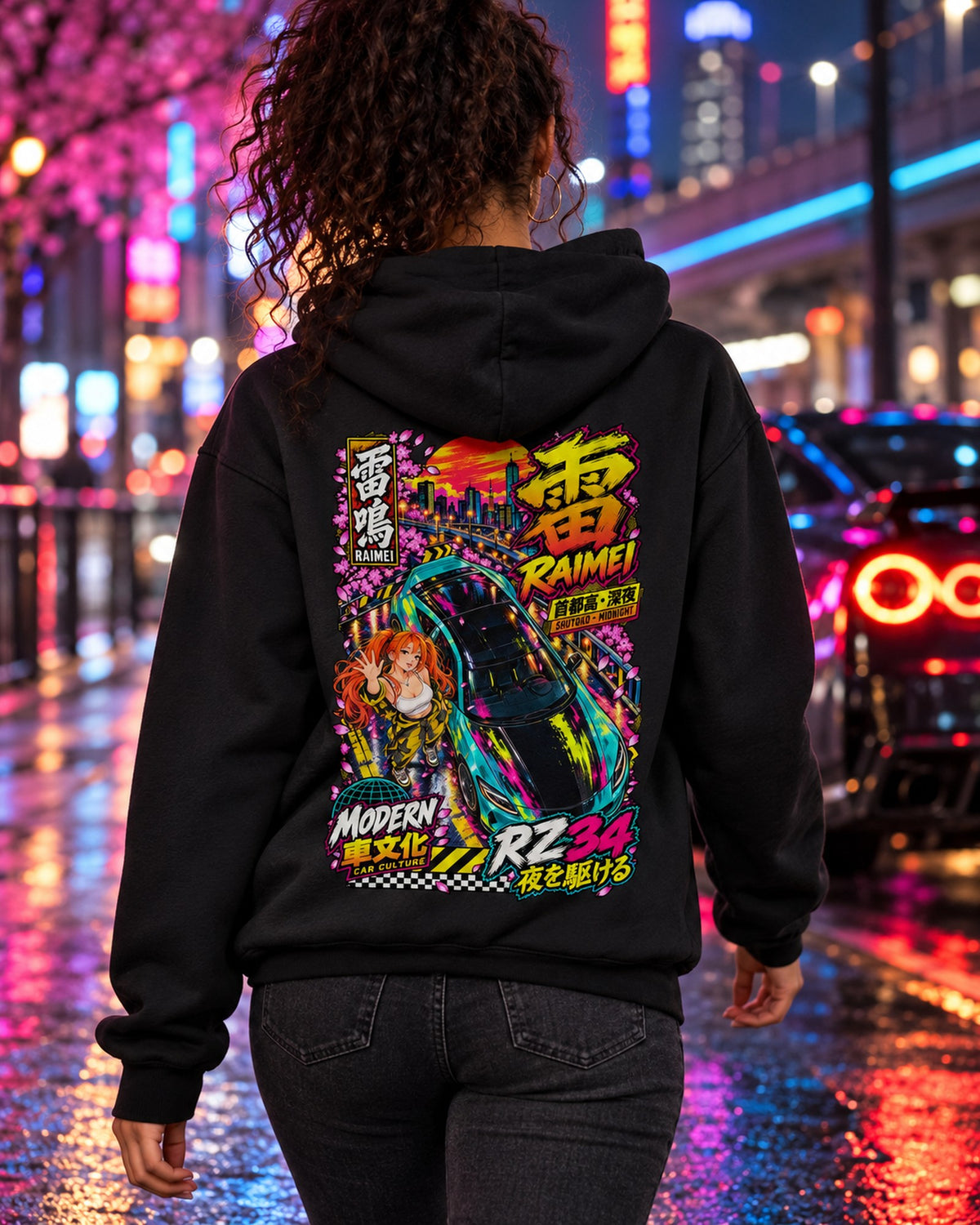 RAIMEI RZ34 Anime Girl Full-Back Graphic Tee Pull Over Hoodie Black worn hero