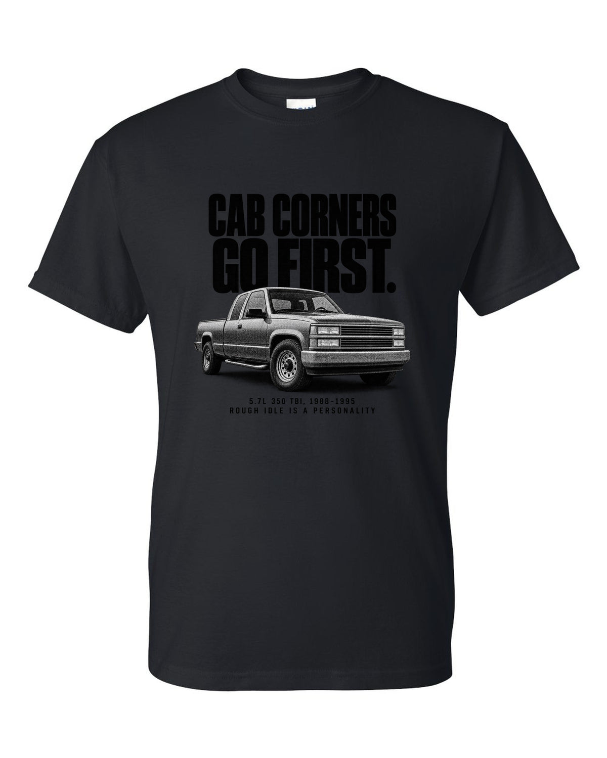 Halftone print of a 1988-98 Chevrolet GMT400 C1500 OBS with 5.7L 350 TBI text black t-shirt front view with the design